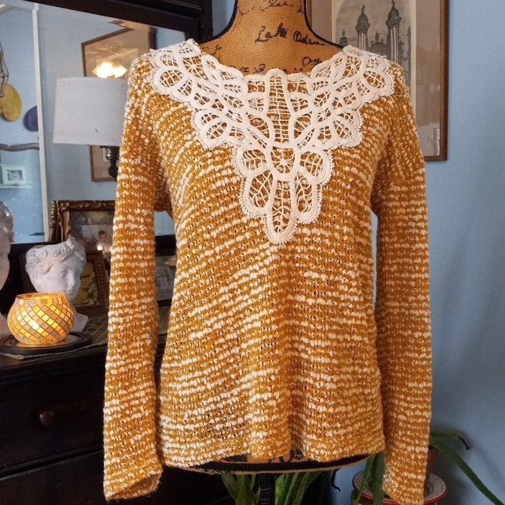 A'reve Mustard and Creamy-White Knit Lace Up Lace Applique Sweater